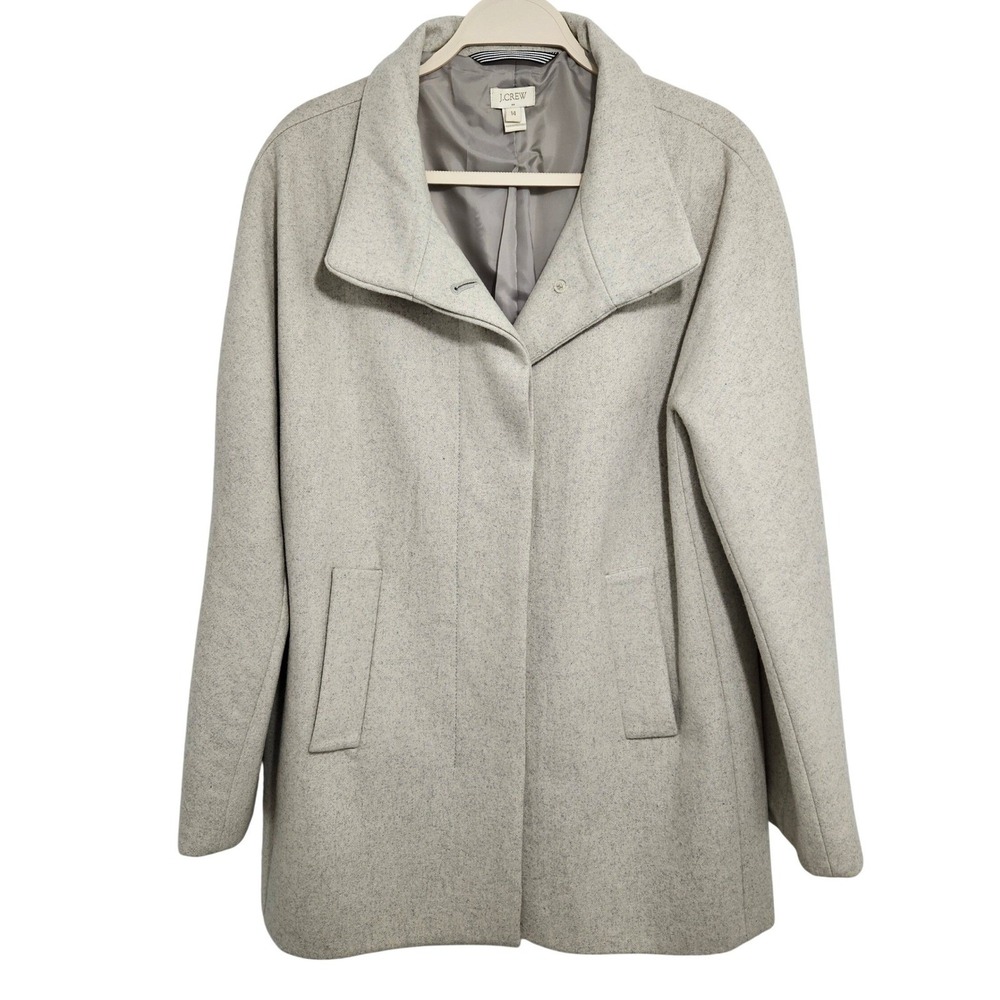 J.Crew Womens Wool Blend Pea Coat  Buttons Pockets Longline Cream Grey L 14